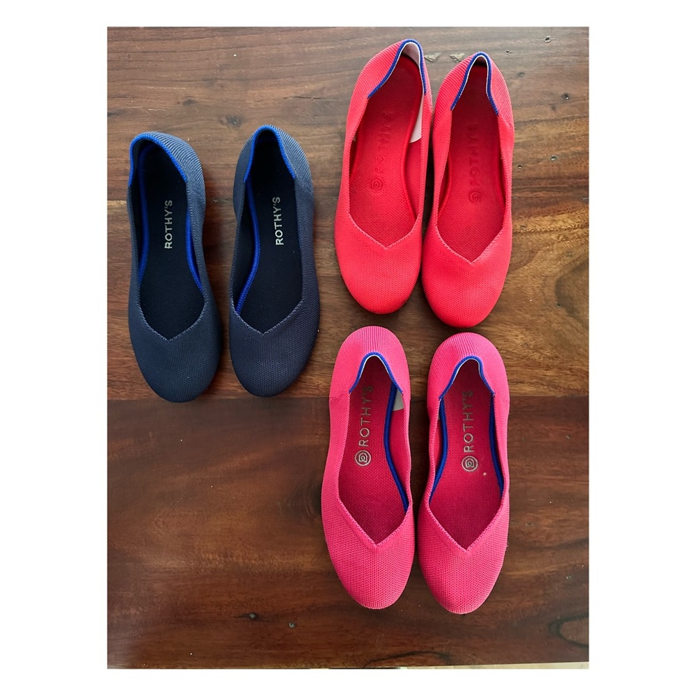 Rothy's Vibrant Red, Hot Pink and Navy Blue Flats.